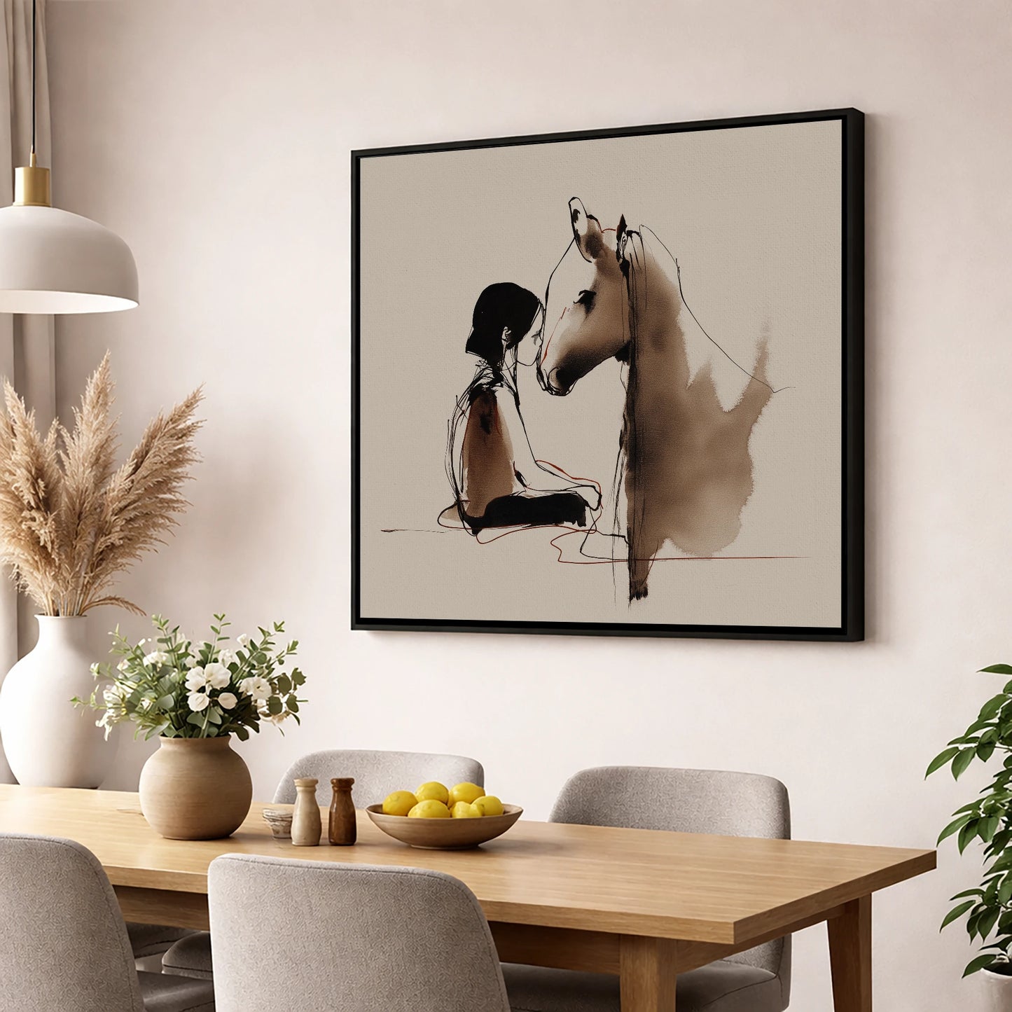 The Shared Breath horse & rider wall art displayed in a dining room