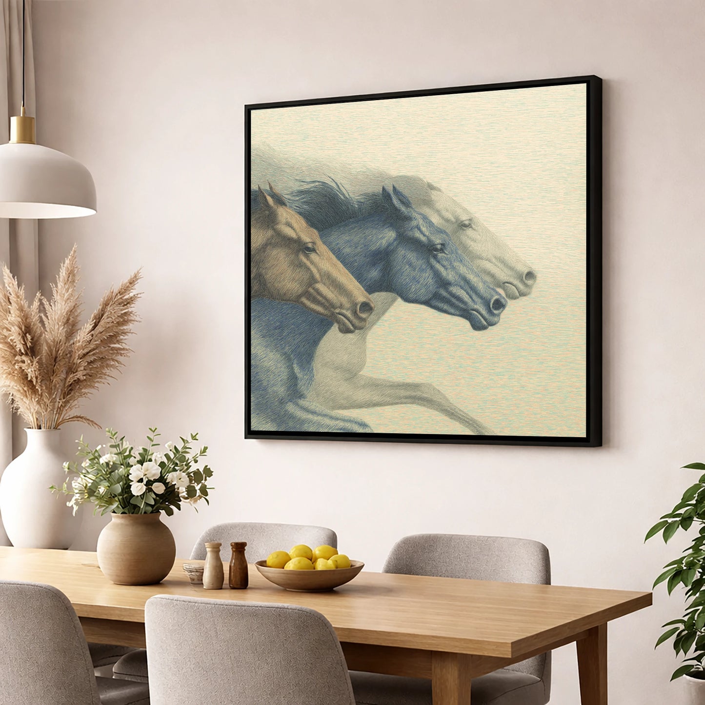 Stride For Stride racing horse wall art displayed in a dining room
