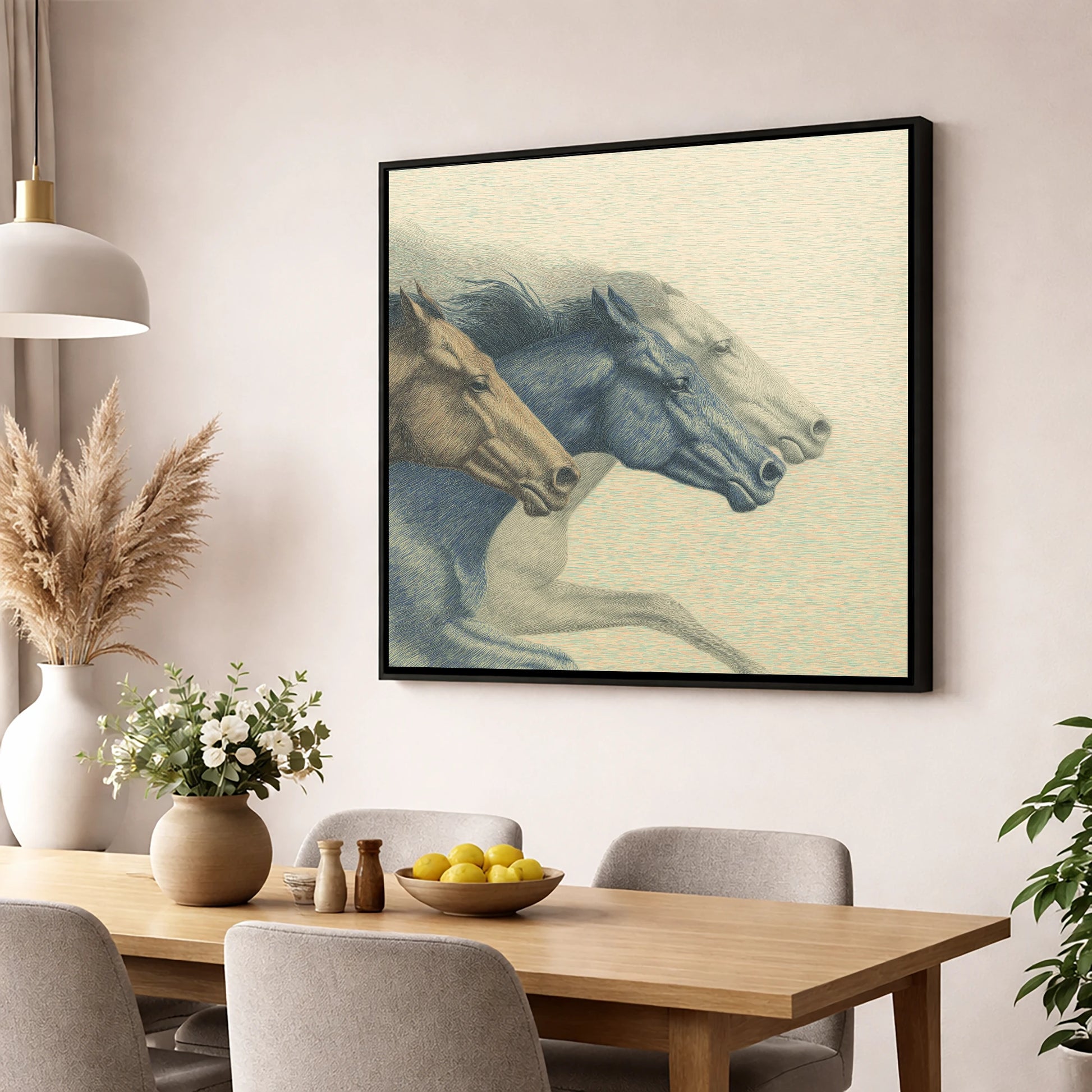 Stride For Stride racing horse wall art displayed in a dining room