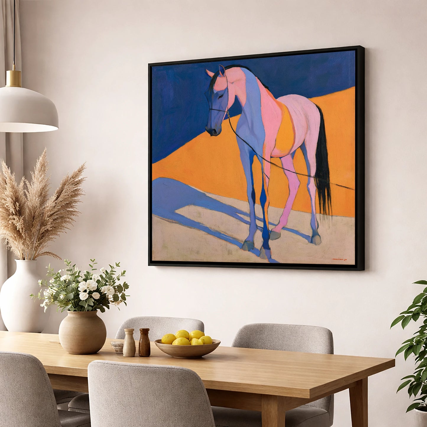 Pink and Blue Abstract Horse horse breed wall art displayed in a dining room