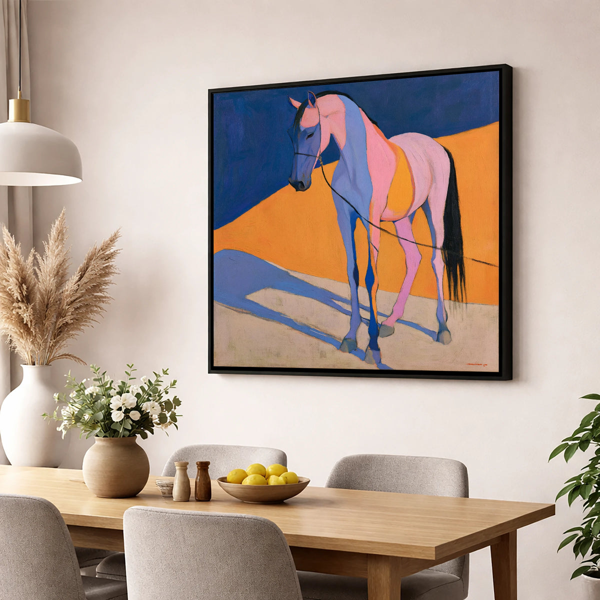 Pink and Blue Abstract Horse horse breed wall art displayed in a dining room