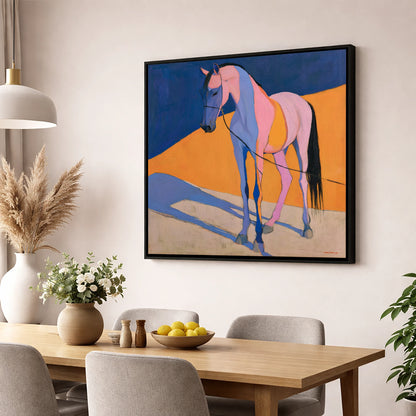 Pink and Blue Abstract Horse horse breed wall art displayed in a dining room