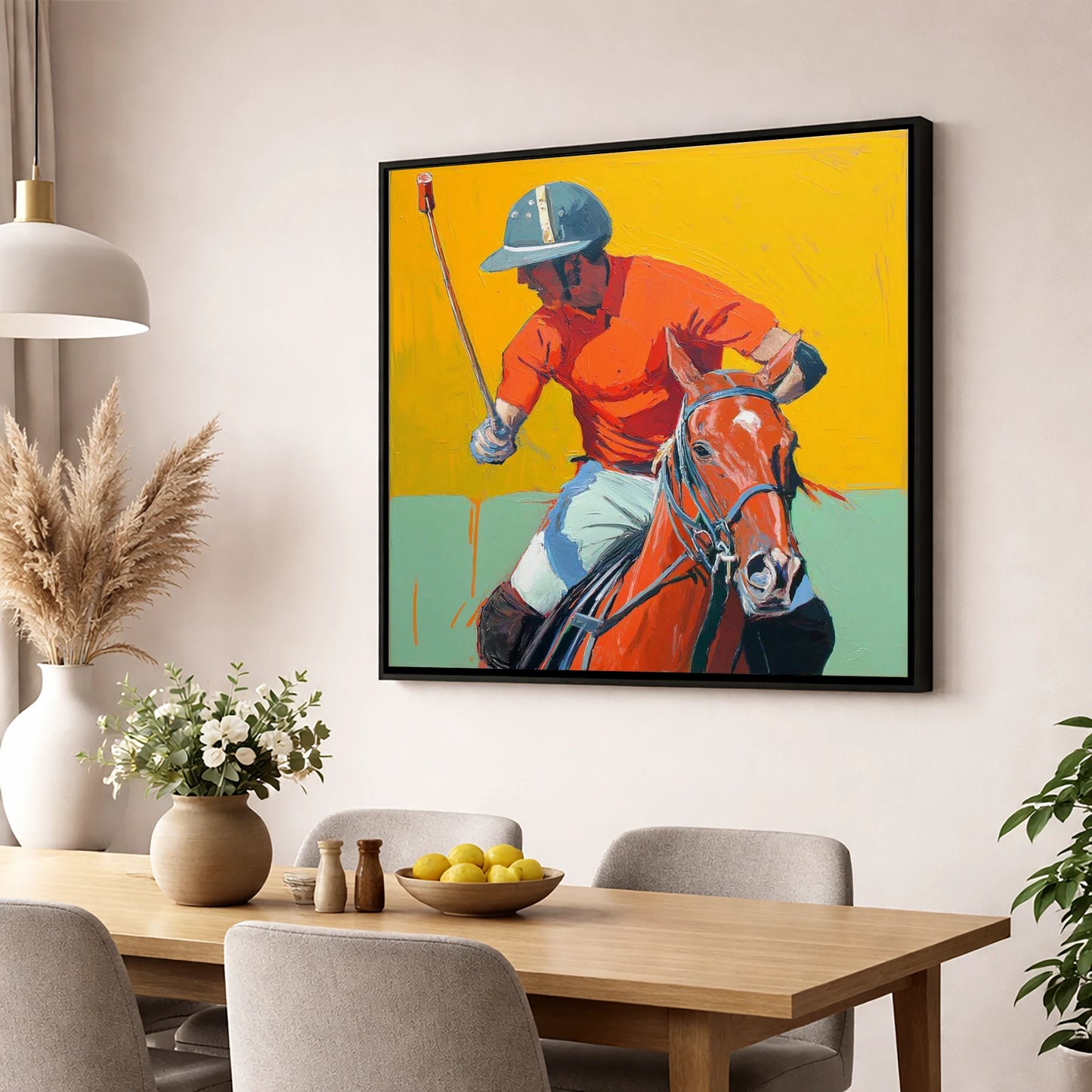 Vivid Mid-Chukka Strike polo horse wall art displayed in a dining room