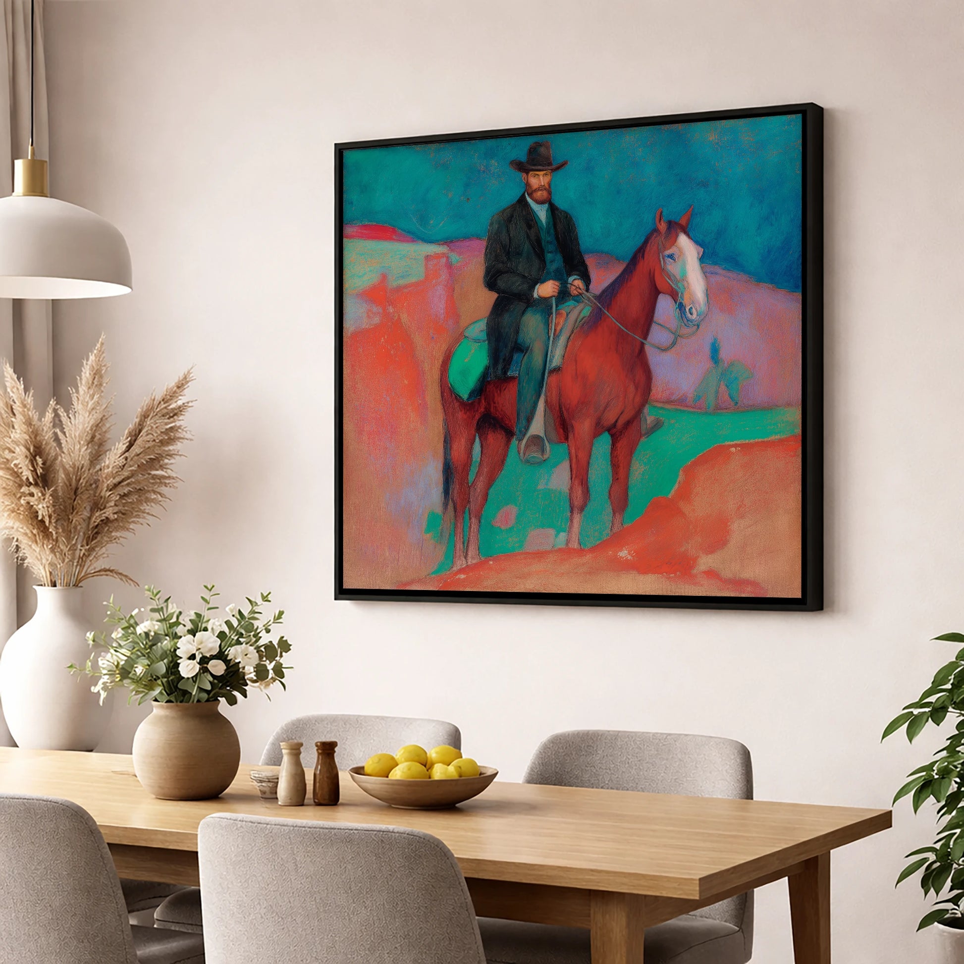 The Painted Frontier western horse wall art displayed in a dining room