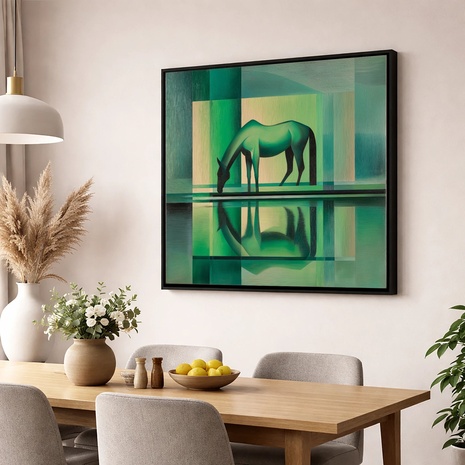 Verdant Reflection horse portrait wall art displayed in a dining room