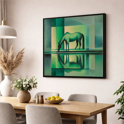 Verdant Reflection horse portrait wall art displayed in a dining room
