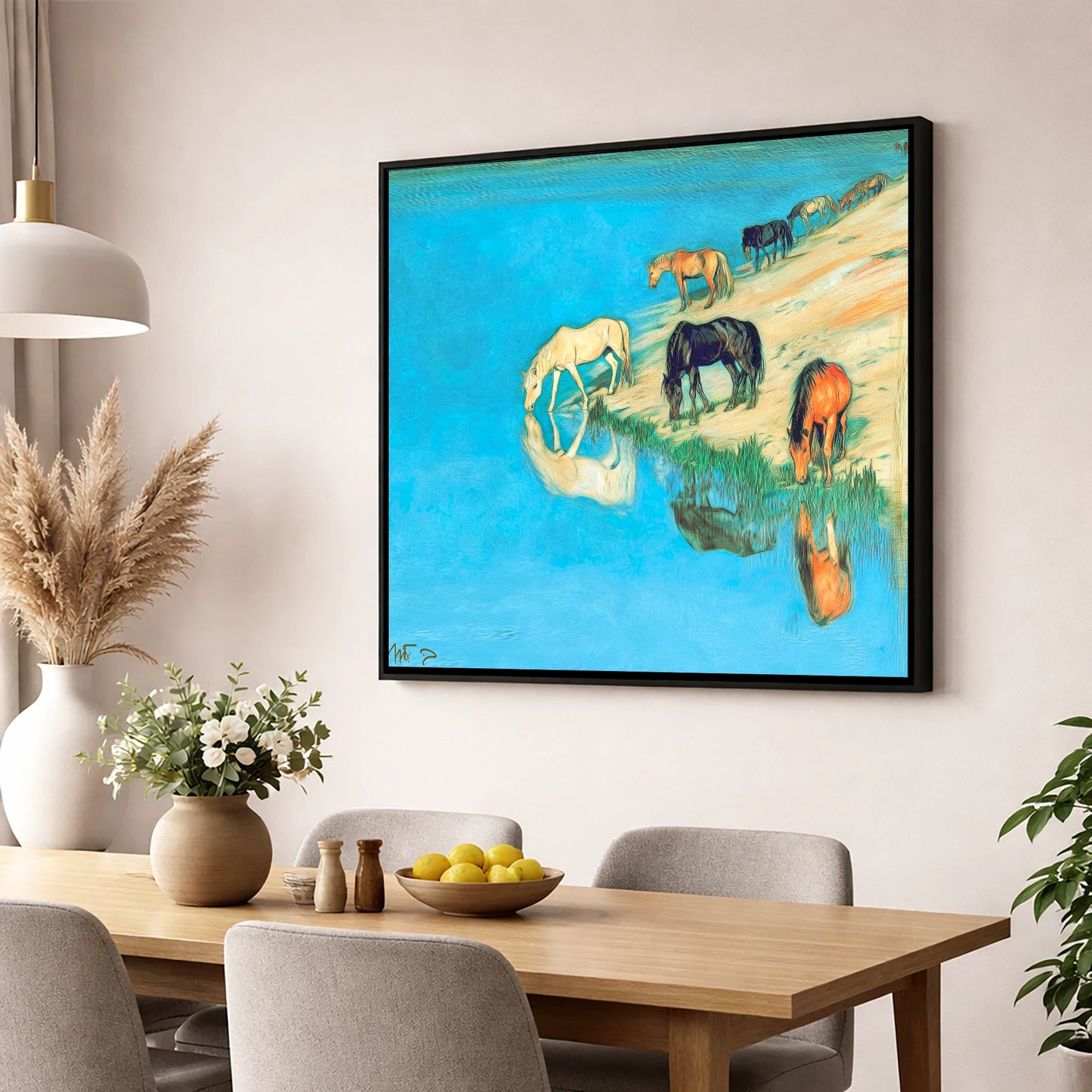 Azure Bank Reflections wild horses wall art displayed in a dining room