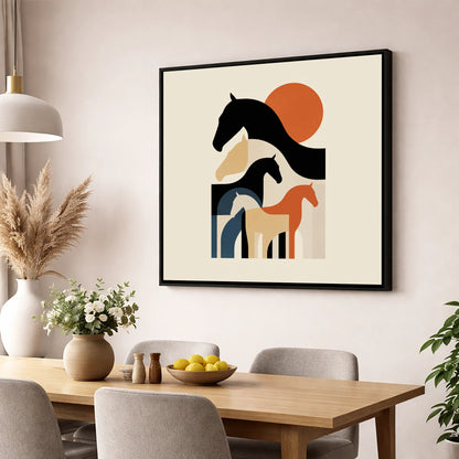 Retro Equine Silhouettes wild horses wall art displayed in a dining room