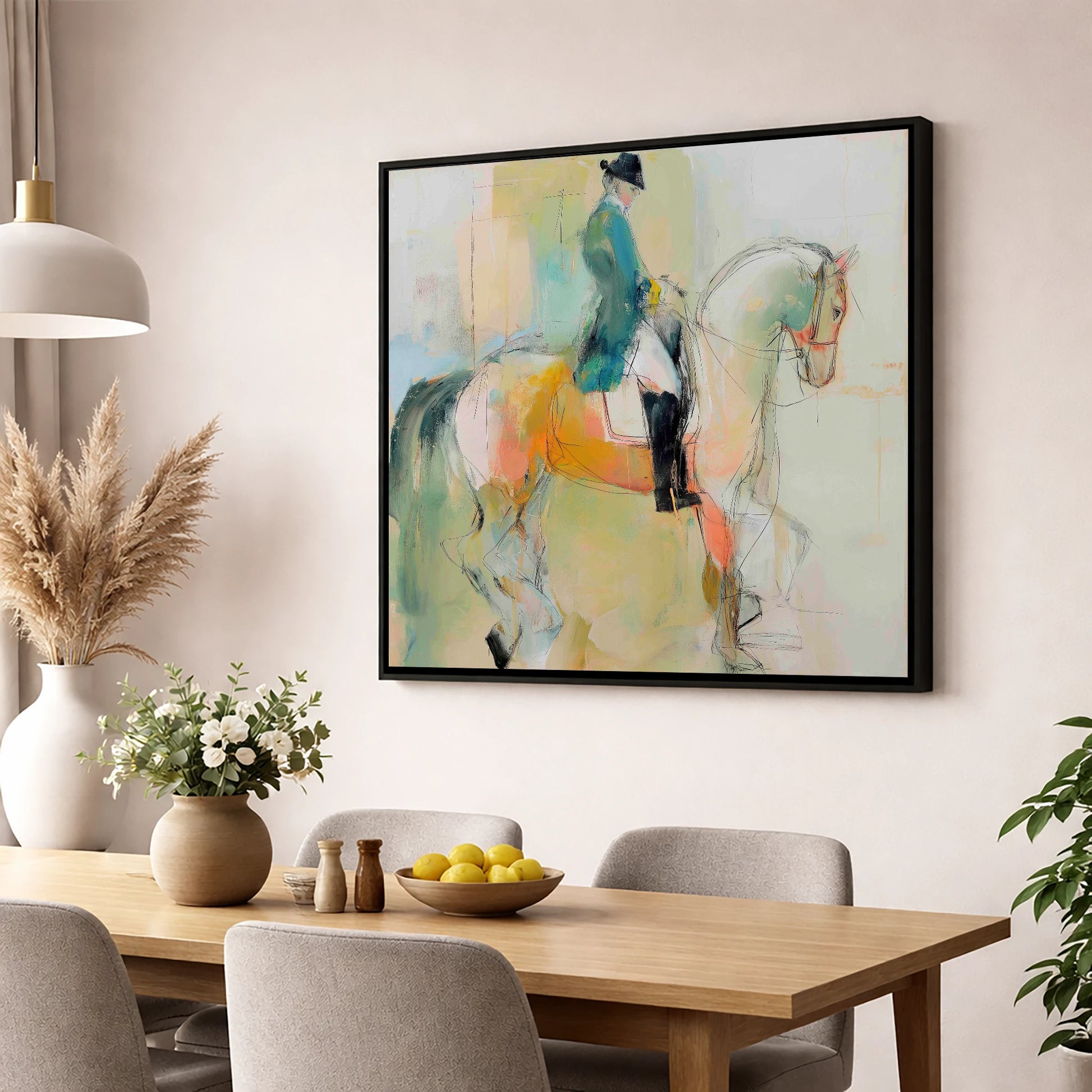 Abstract Dressage Harmony dressage horse wall art displayed in a dining room