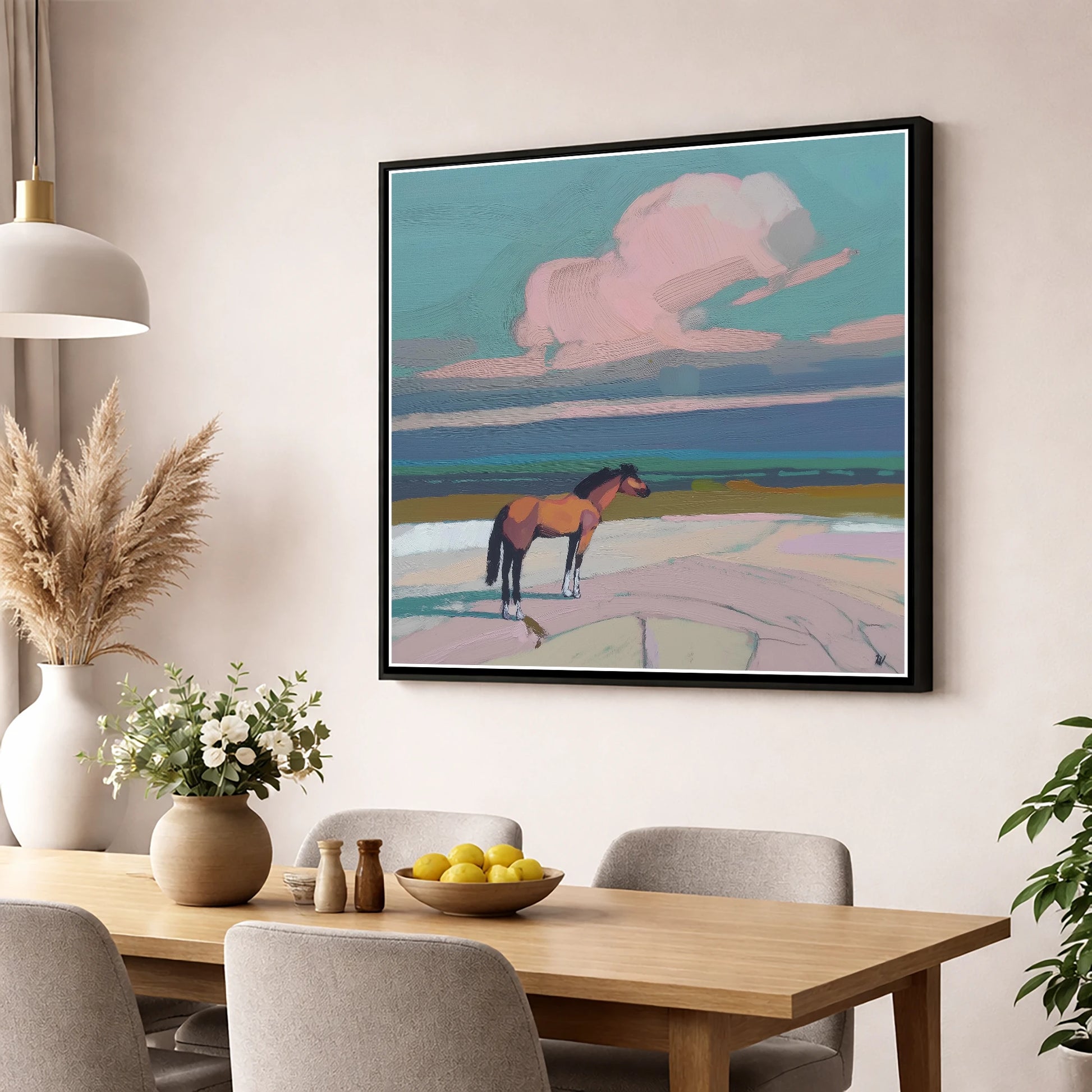 Rose Cloud Horizon horse landscape wall art displayed in a dining room