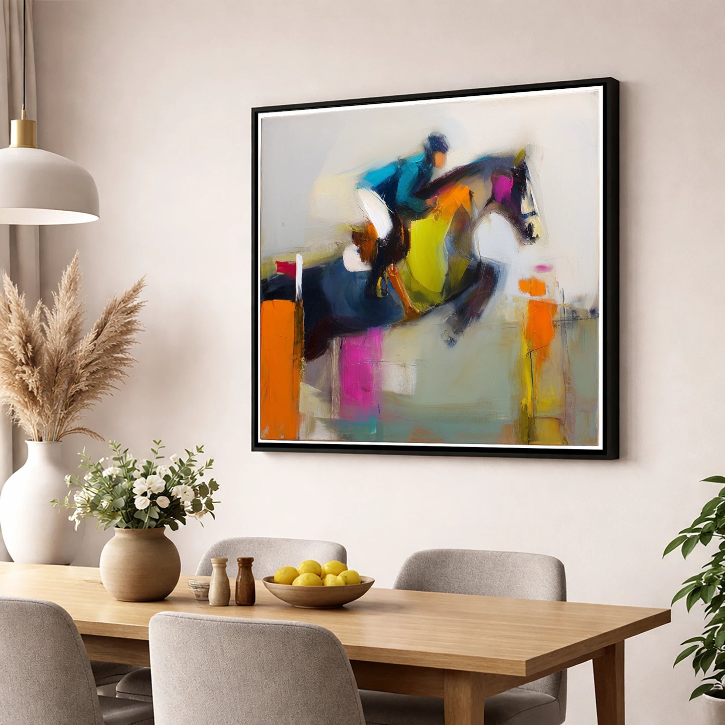 Dynamic Clear Round show jumping horse wall art displayed in a dining room