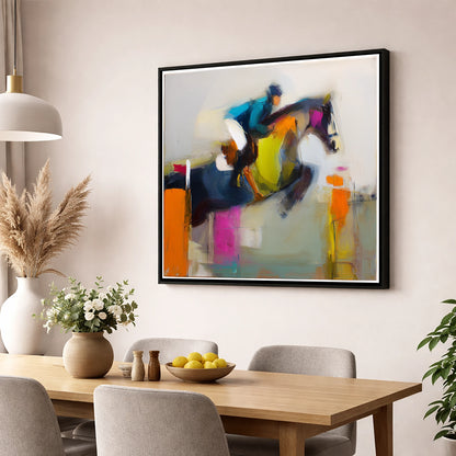 Dynamic Clear Round show jumping horse wall art displayed in a dining room
