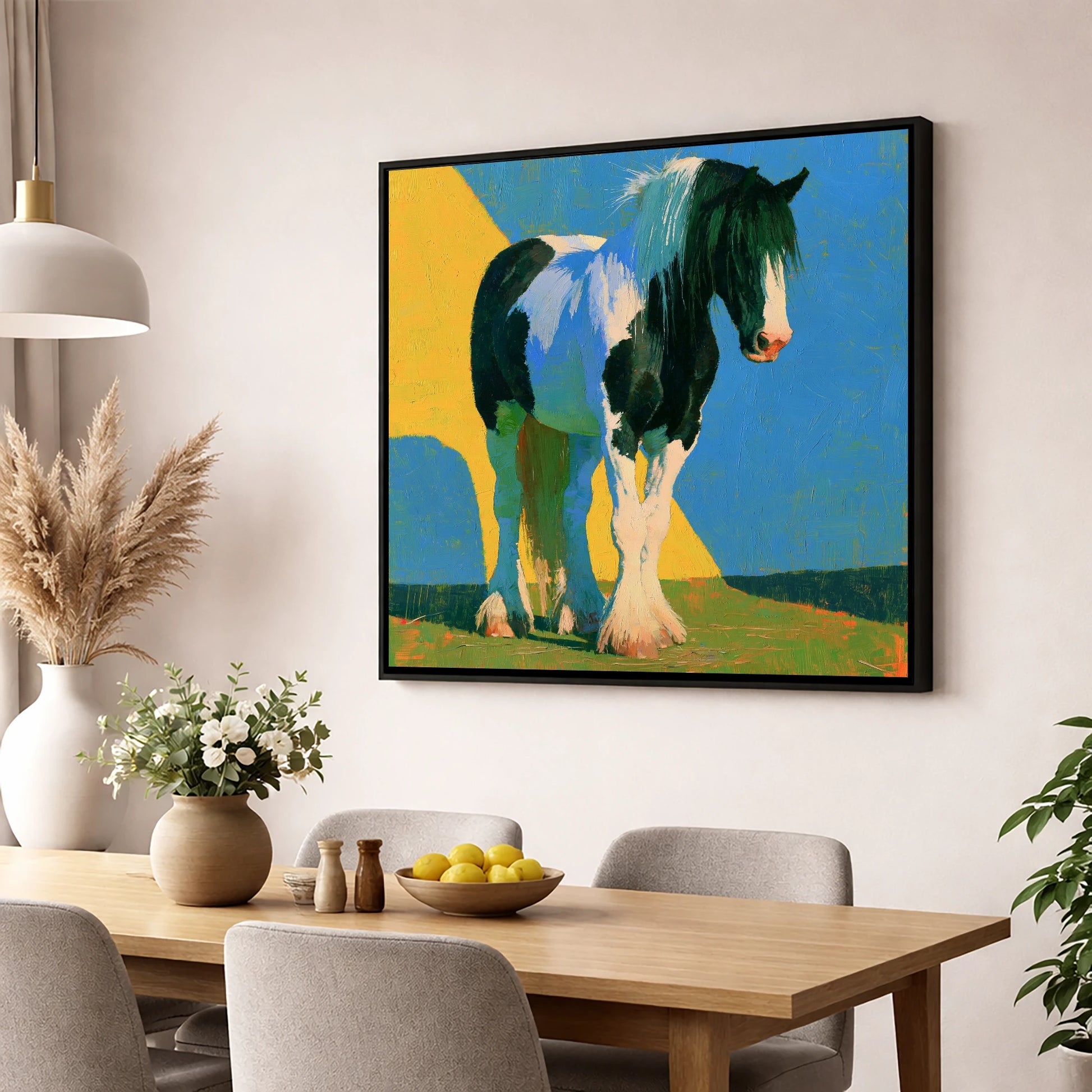 Piebald Cob in Bright Colours horse breed wall art displayed in a dining room