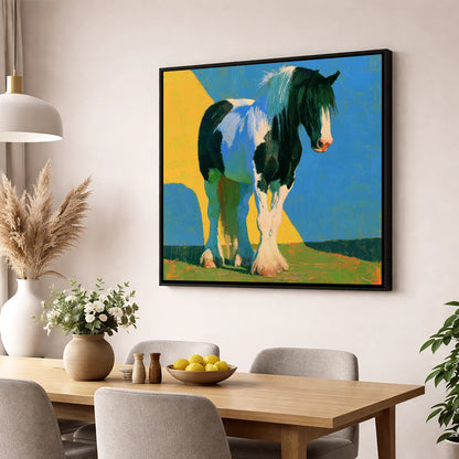 Piebald Cob in Bright Colours horse breed wall art displayed in a dining room