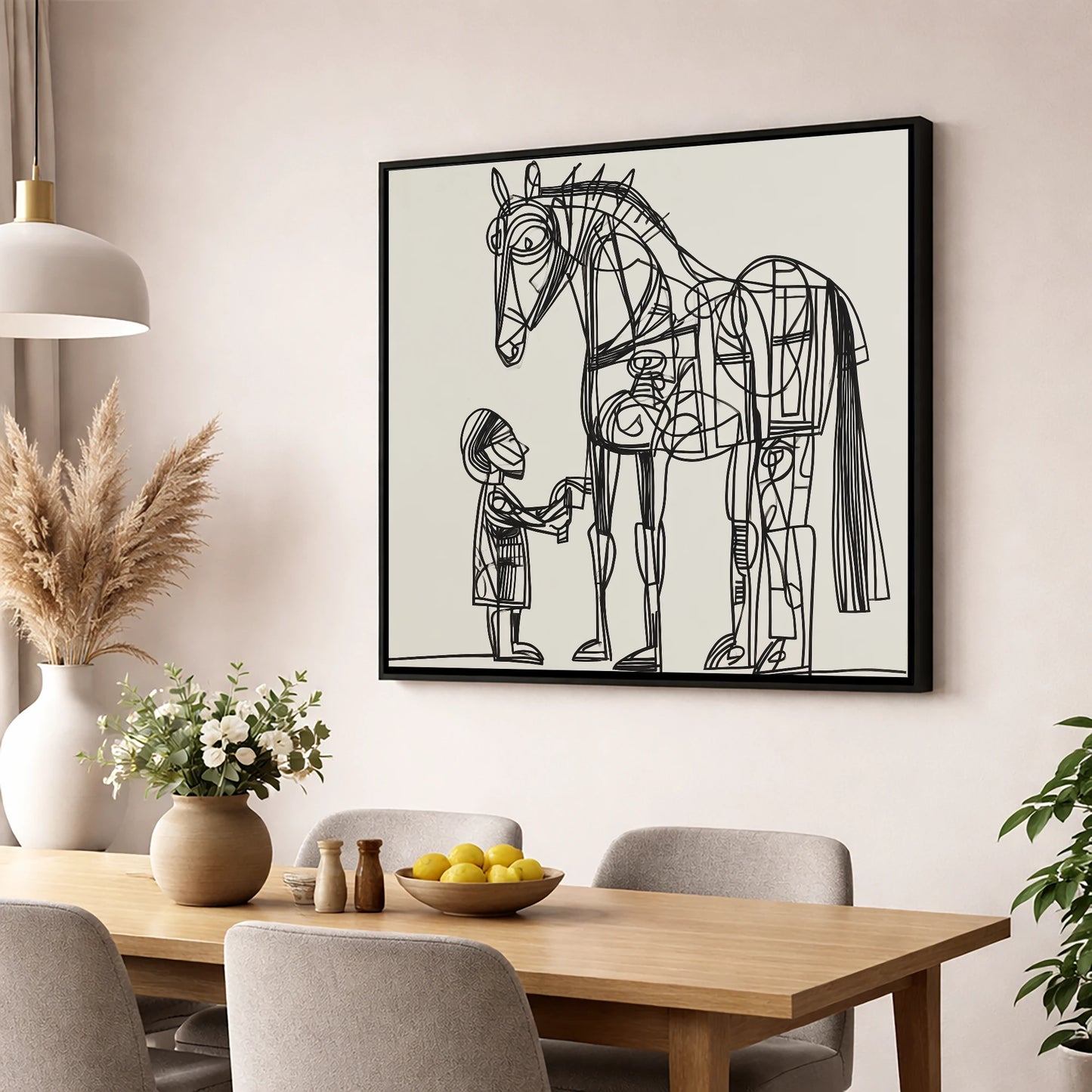 Linear Harmony horse & rider wall art displayed in a dining room