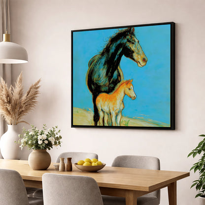 Cerulean Bond mare & foal wall art displayed in a dining room