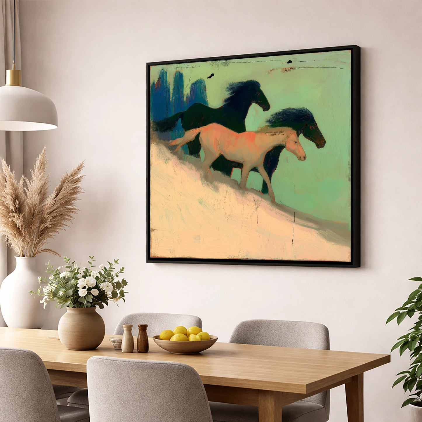 Shadows in the Sage wild horses wall art displayed in a dining room