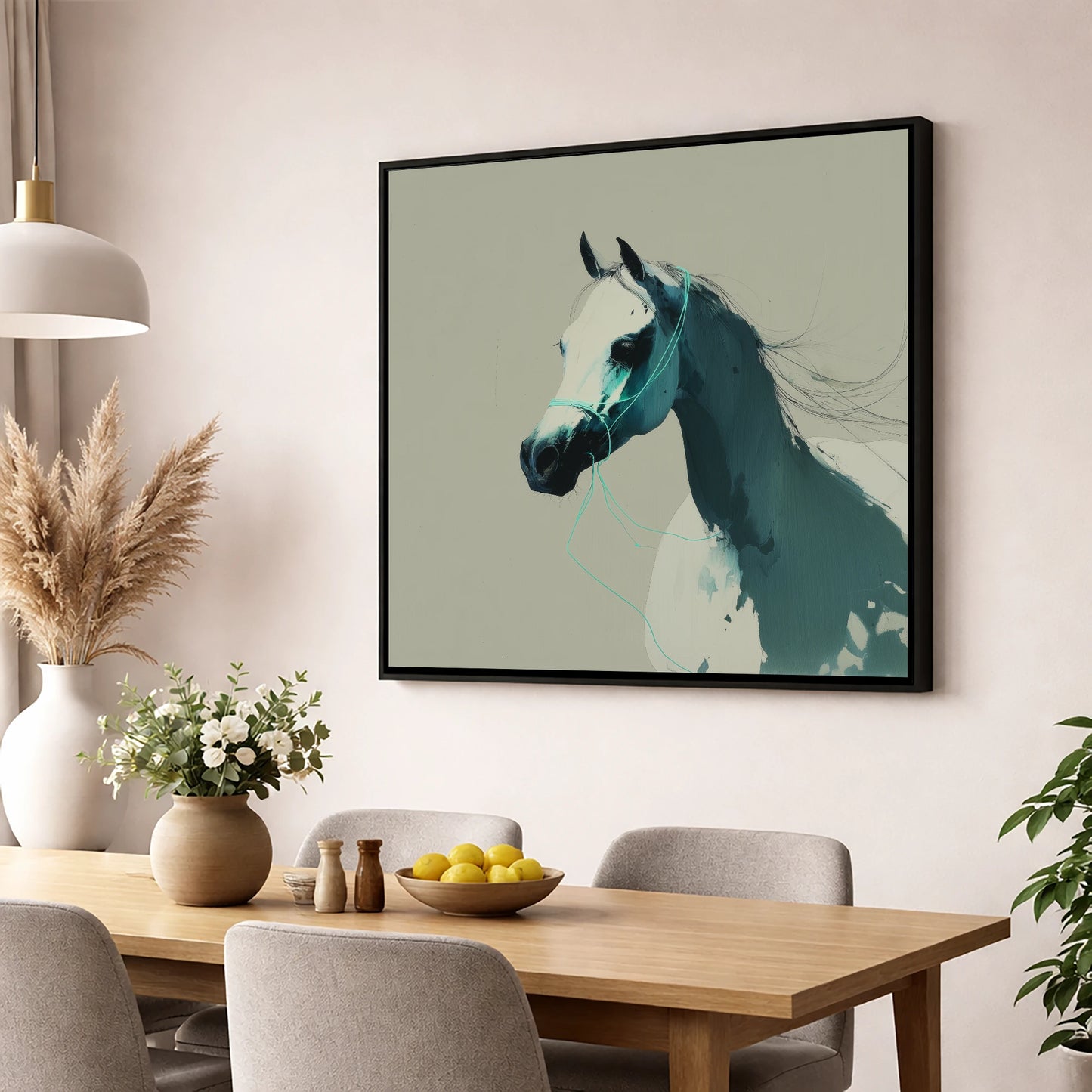 Midnight Teal Arabian horse breed wall art displayed in a dining room