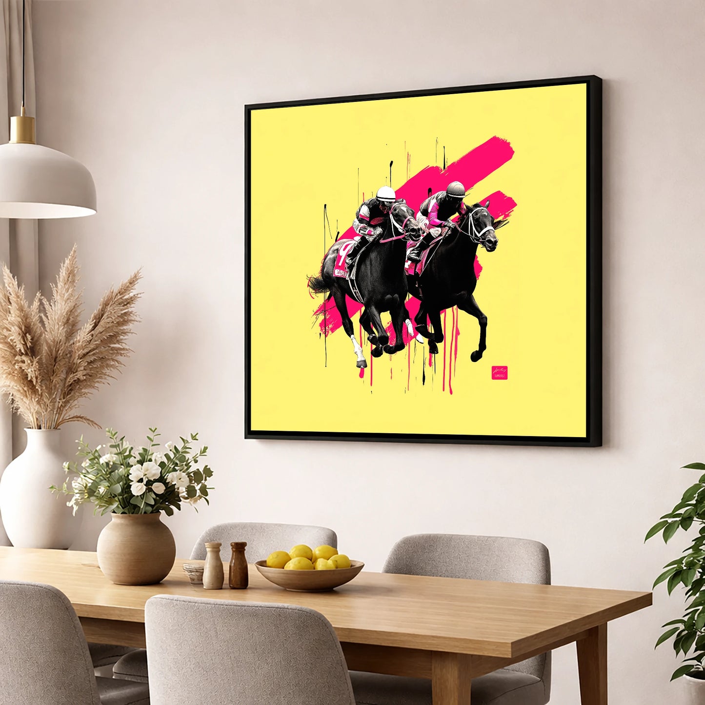 High Stakes Sprint racing horse wall art displayed in a dining room