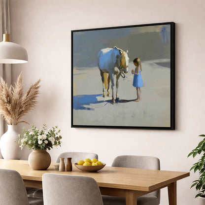 Sunlit Trust horse & rider wall art displayed in a dining room