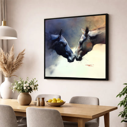 A Quiet Greeting horse portrait wall art displayed in a dining room