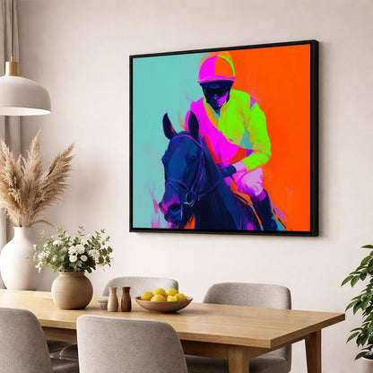 Electric Pace racing horse wall art displayed in a dining room