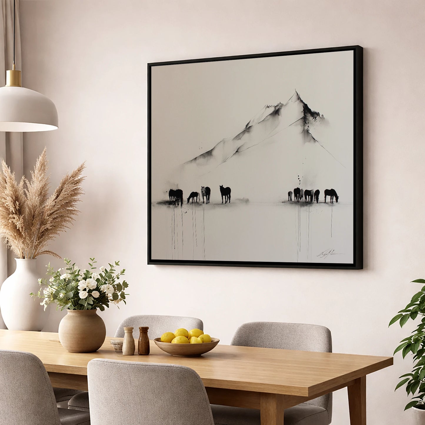 Ethereal Mountain Herd horse landscape wall art displayed in a dining room