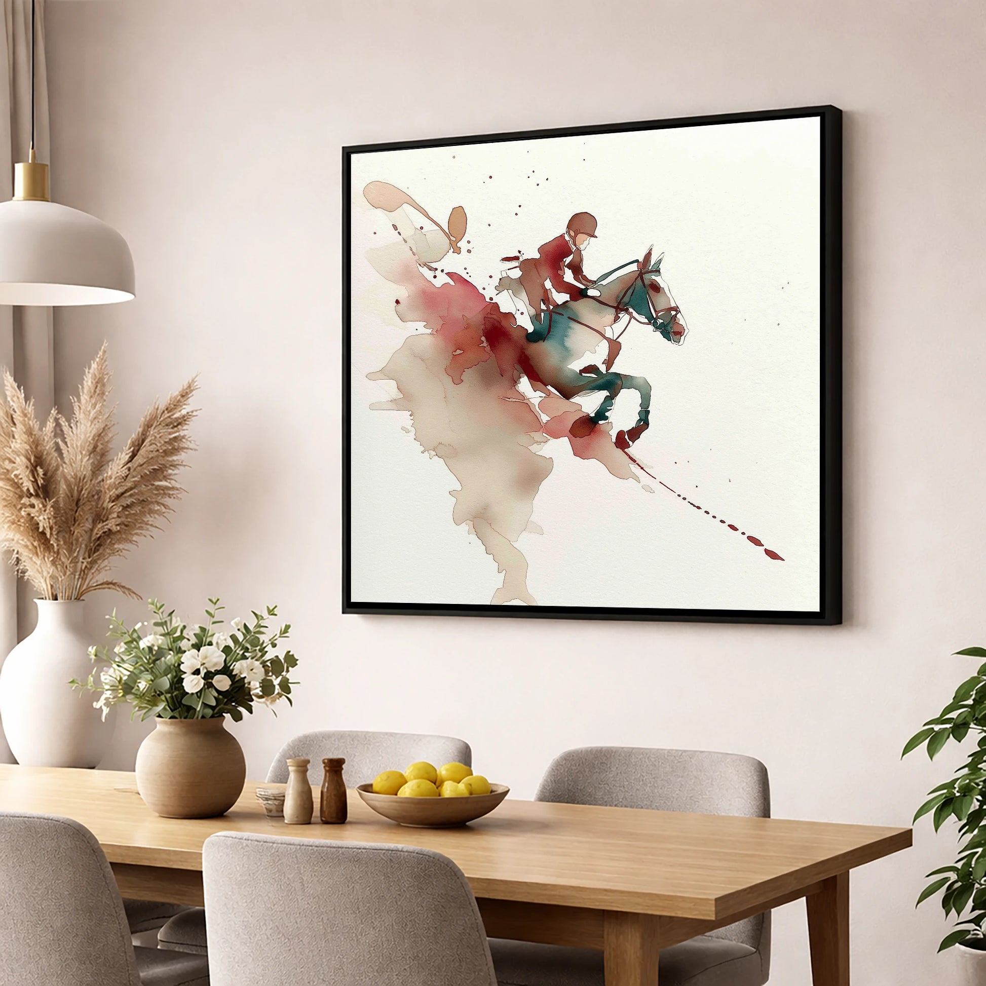 Suspended Momentum show jumping horse wall art displayed in a dining room