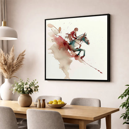 Suspended Momentum show jumping horse wall art displayed in a dining room