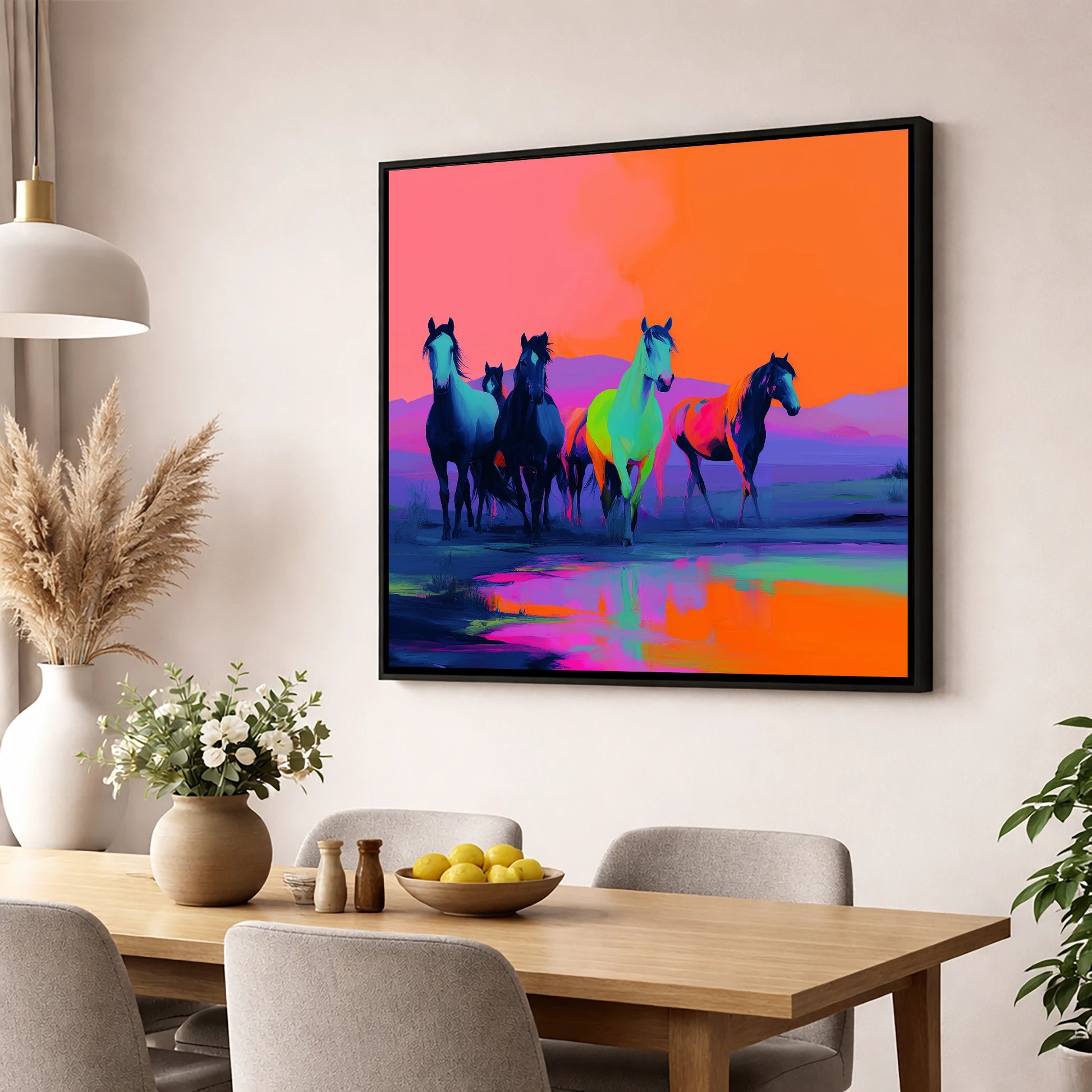 Electric Horizons wild horses wall art displayed in a dining room