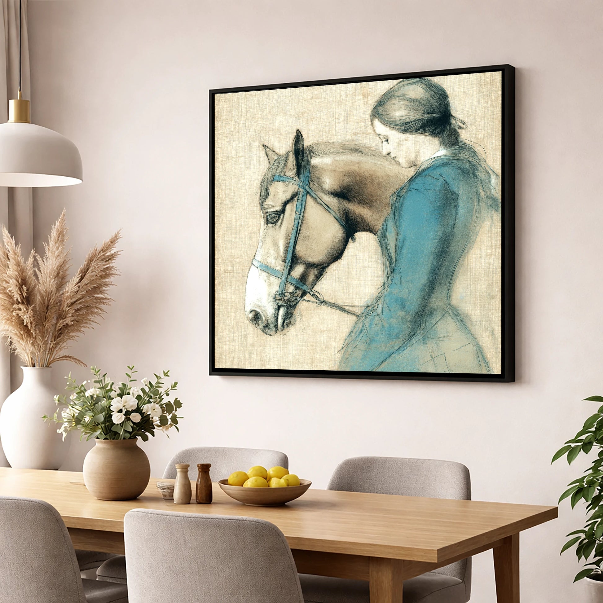 The Silent Bond horse & rider wall art displayed in a dining room