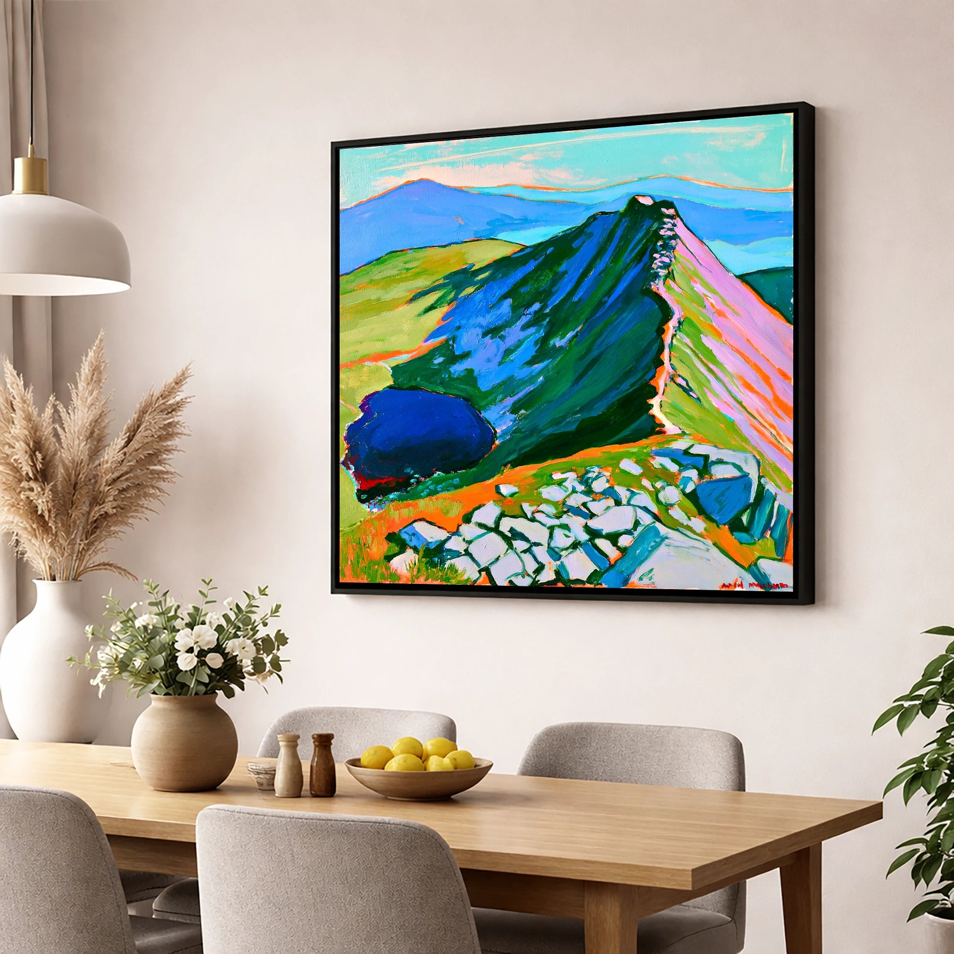 Vibrant Mountain Ridge And Tarn horse landscape wall art displayed in a dining room