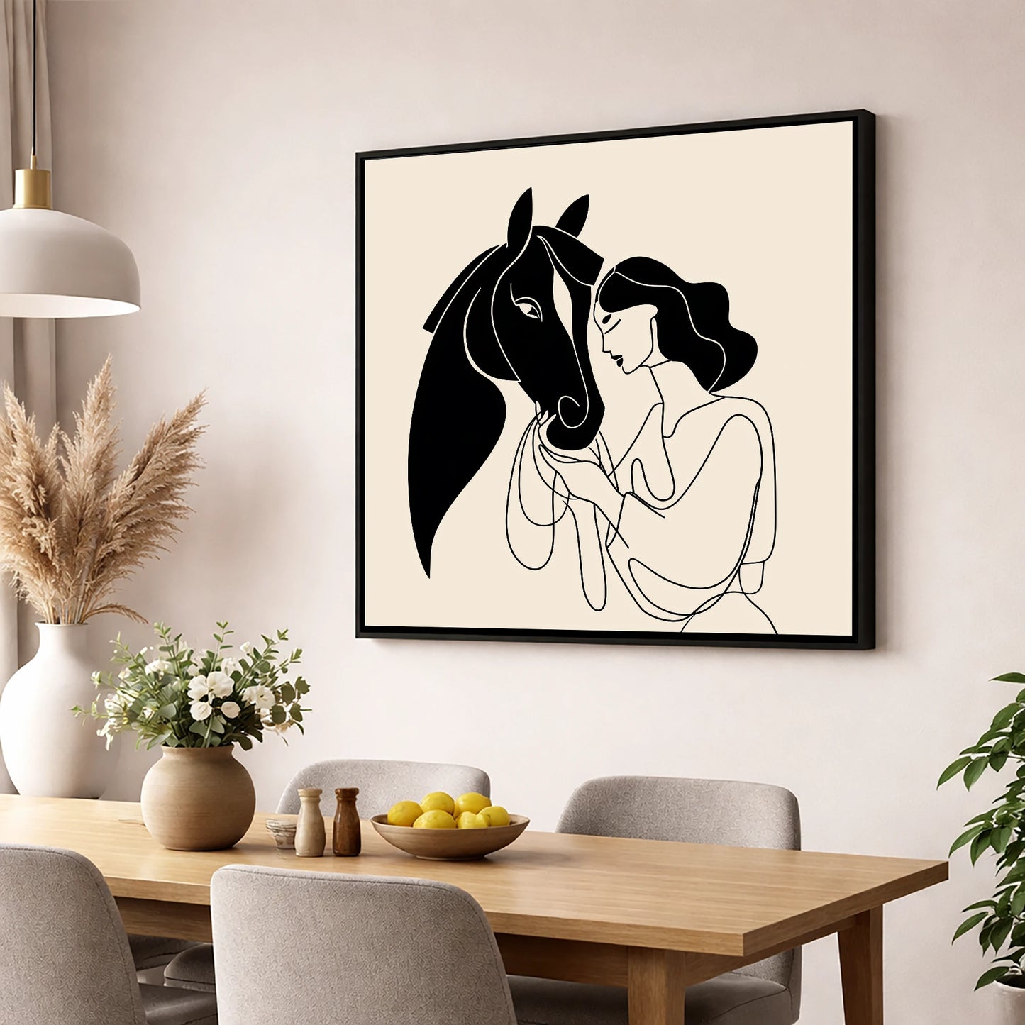 The Unspoken Bond horse & rider wall art displayed in a dining room