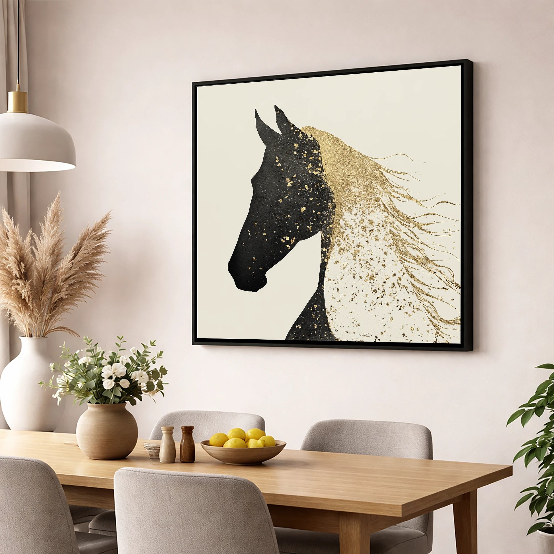 Gilded Equine Silhouette horse breed wall art displayed in a dining room