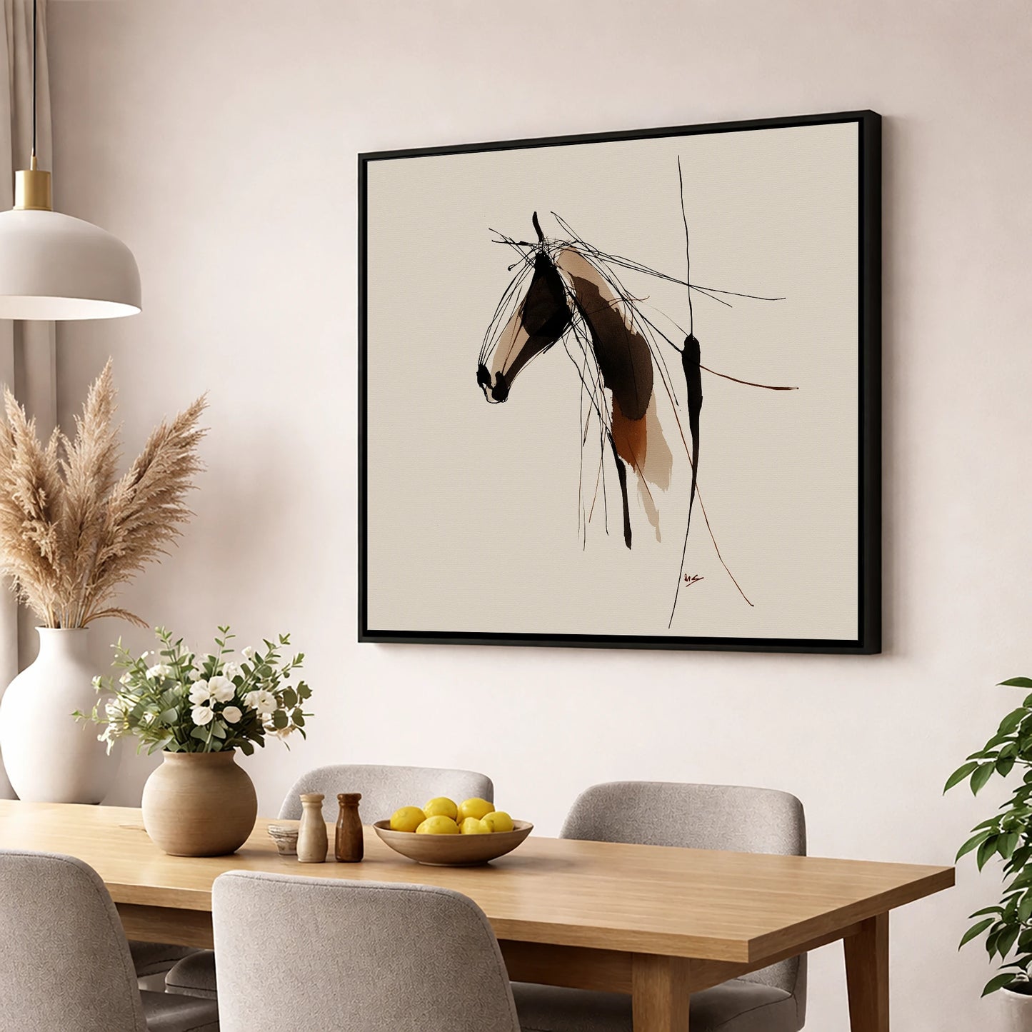 Fluid Grace horse portrait wall art displayed in a dining room