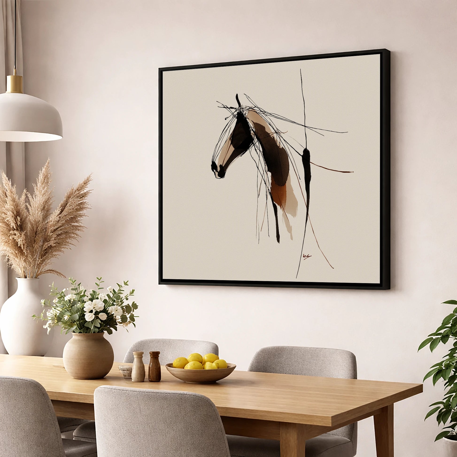 Fluid Grace horse portrait wall art displayed in a dining room
