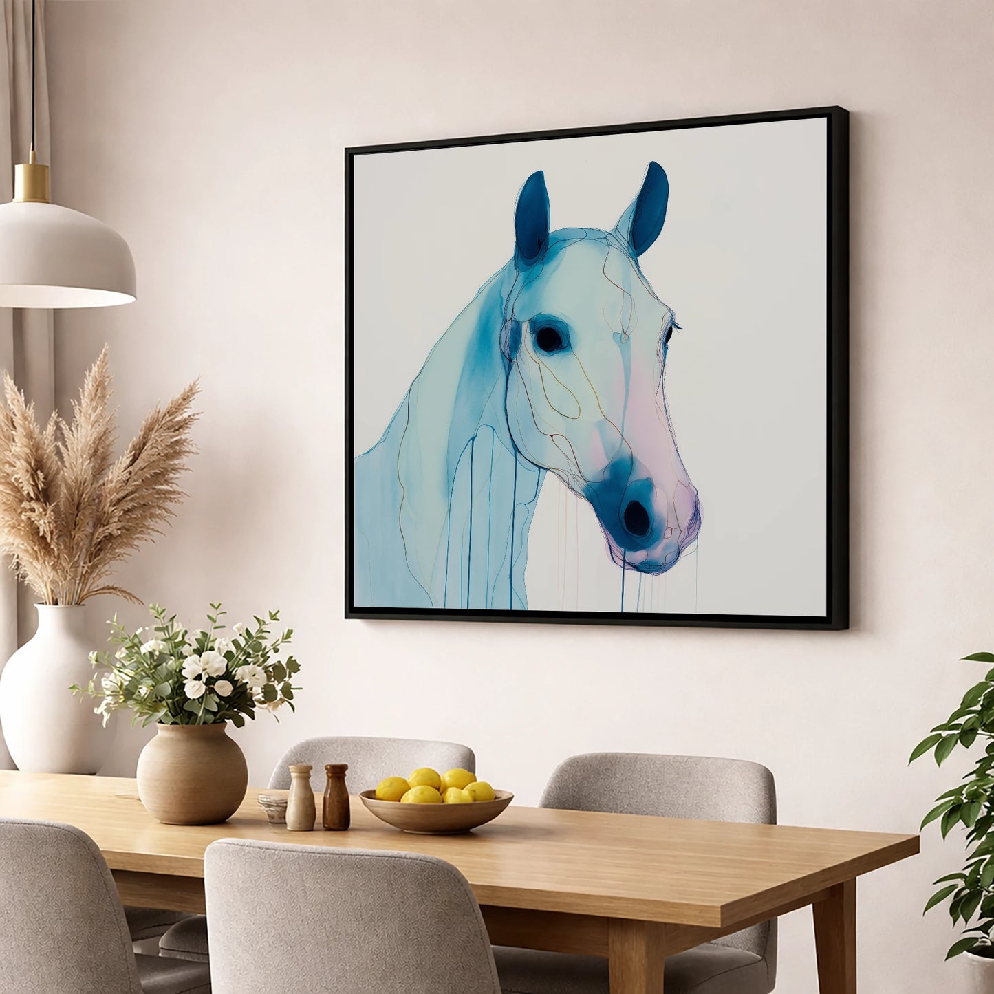 Ethereal Azure Equine horse portrait wall art displayed in a dining room
