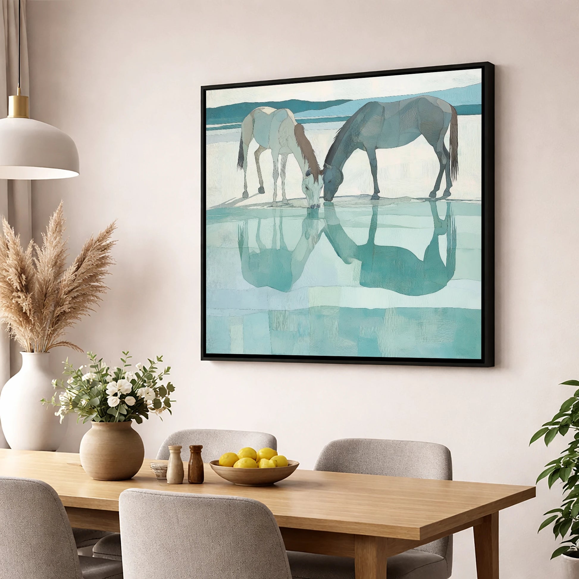 Mirrored Serenity wild horses wall art displayed in a dining room