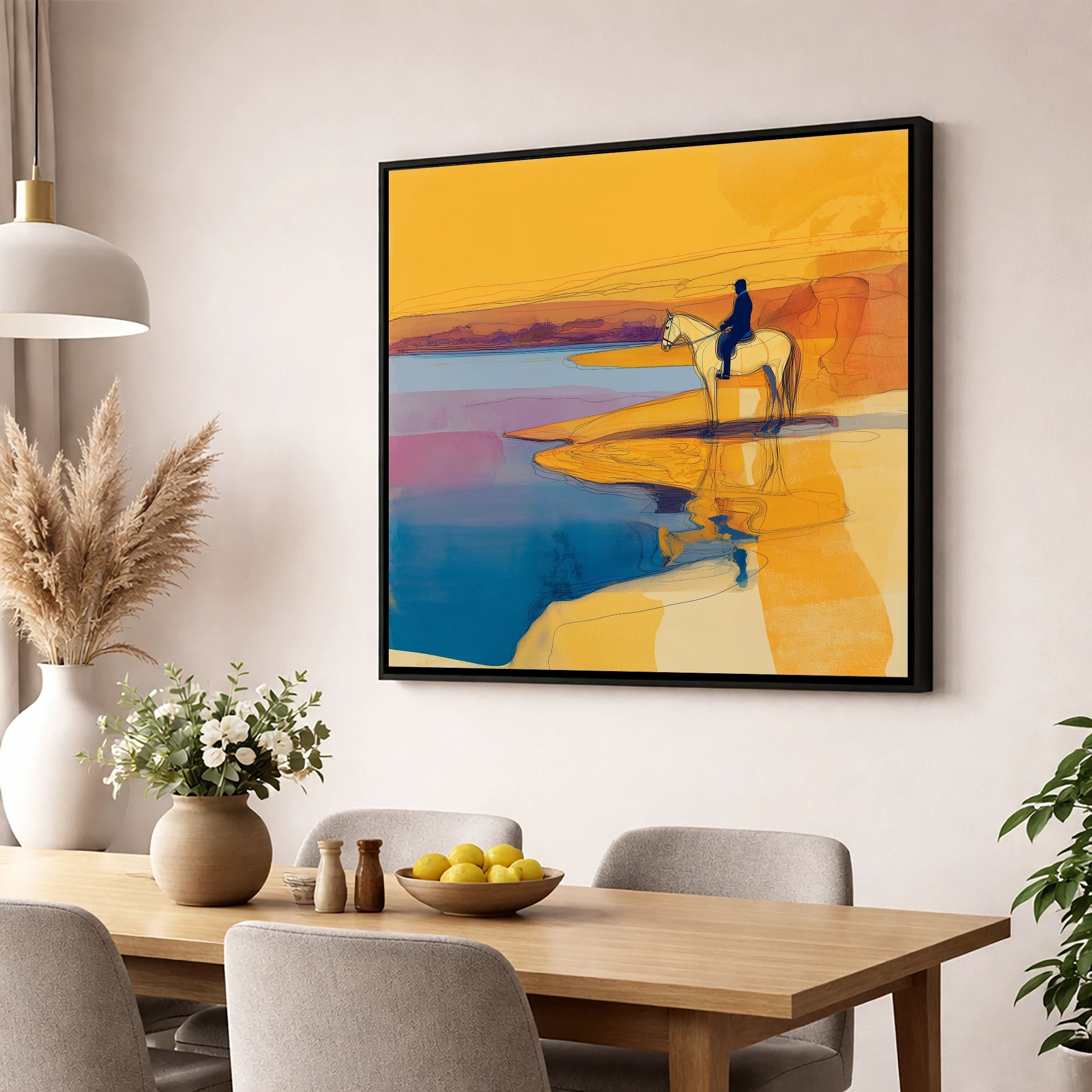 Golden Tide Silhouette beach horse wall art displayed in a dining room