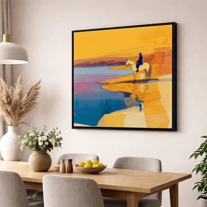Golden Tide Silhouette beach horse wall art displayed in a dining room
