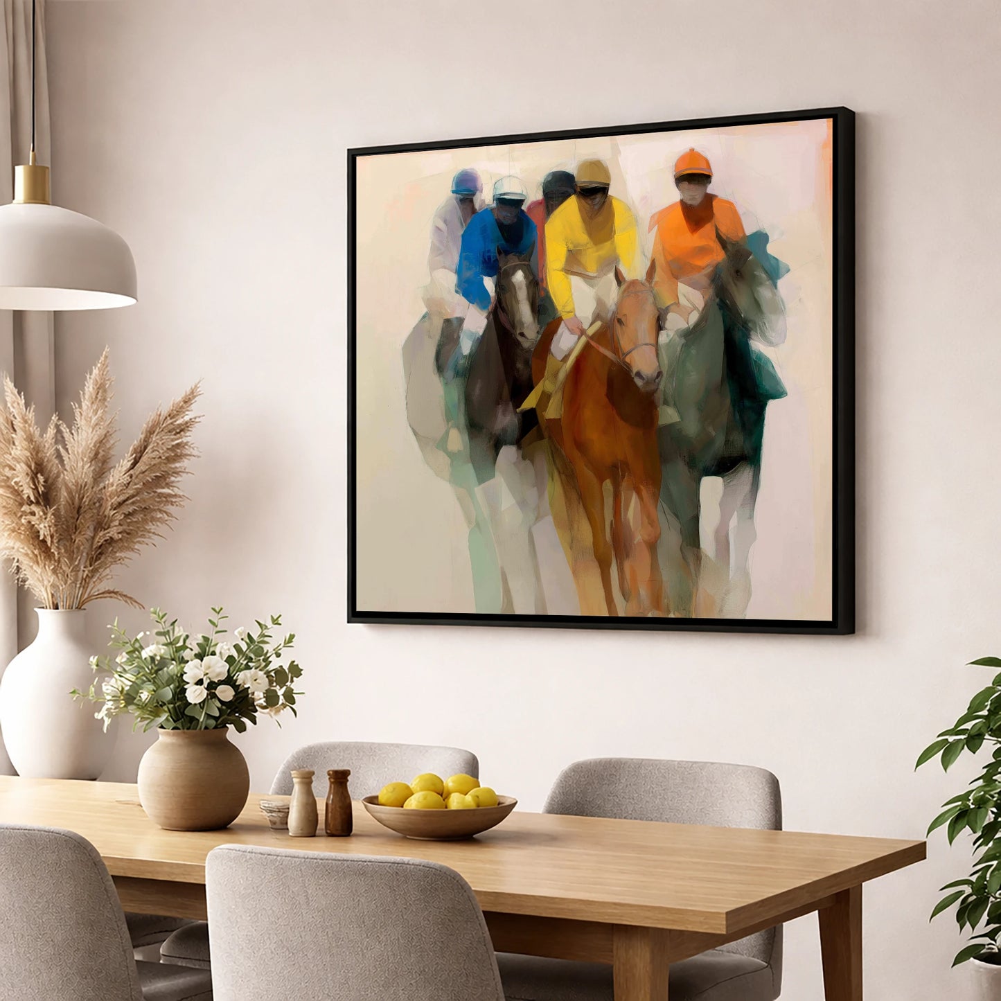 The Front Runners racing horse wall art displayed in a dining room