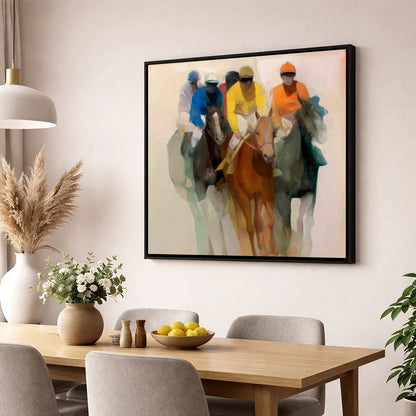 The Front Runners racing horse wall art displayed in a dining room