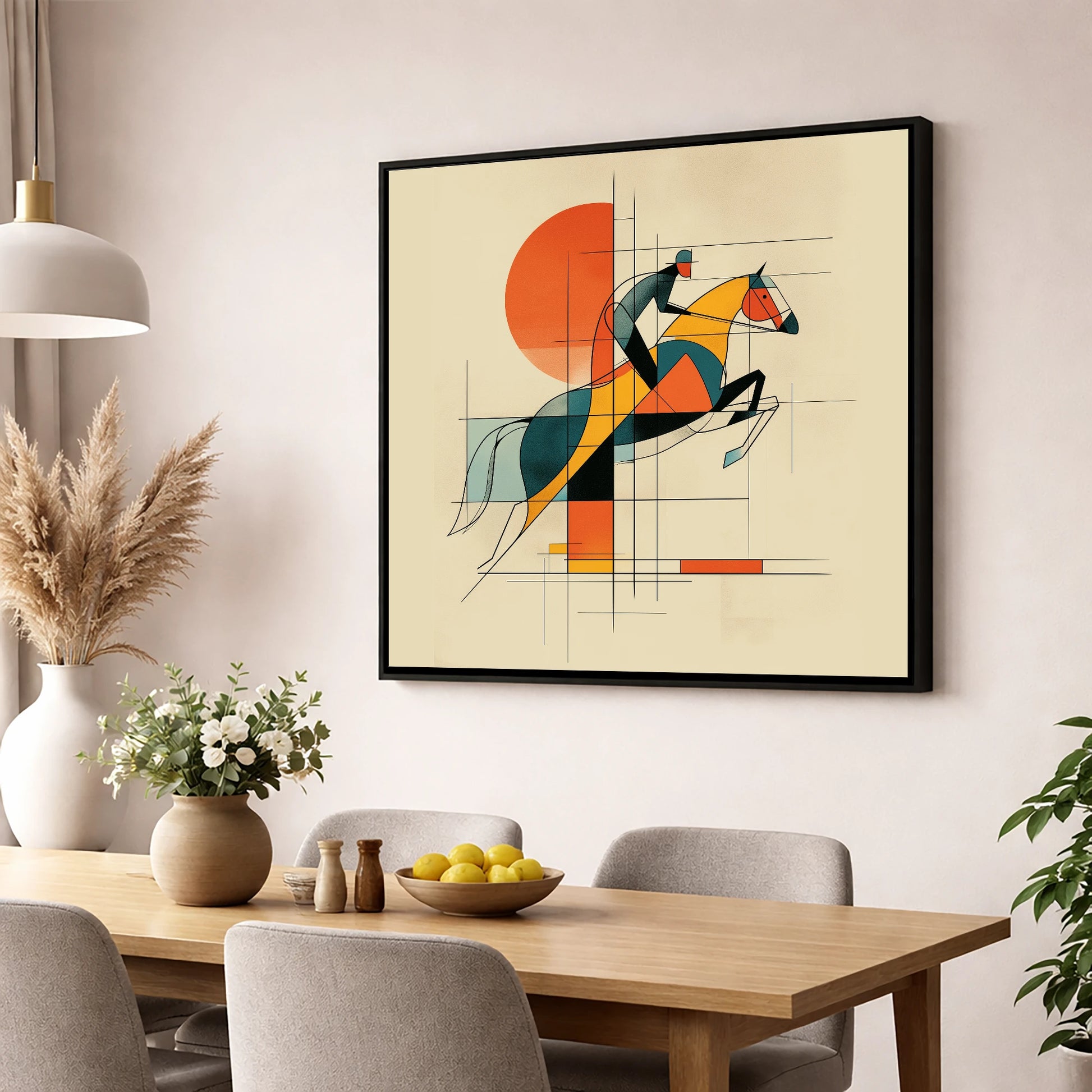Structured Flight show jumping horse wall art displayed in a dining room