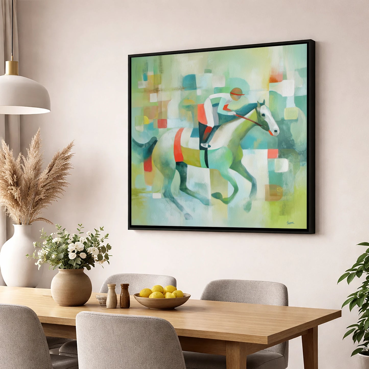 Geometric Gallop racing horse wall art displayed in a dining room