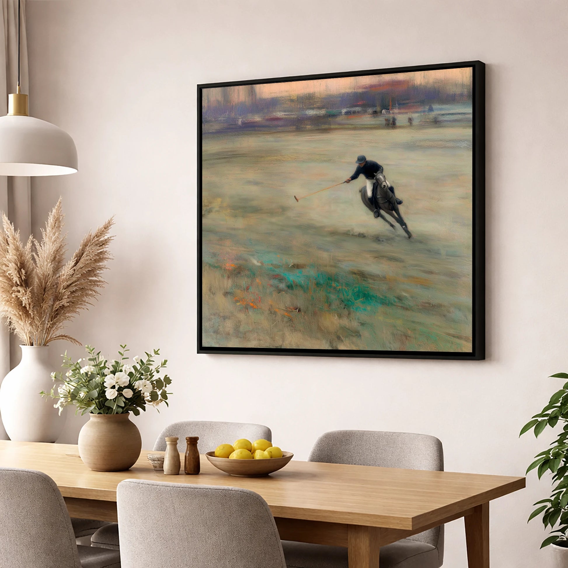 Twilight Chukka polo horse wall art displayed in a dining room
