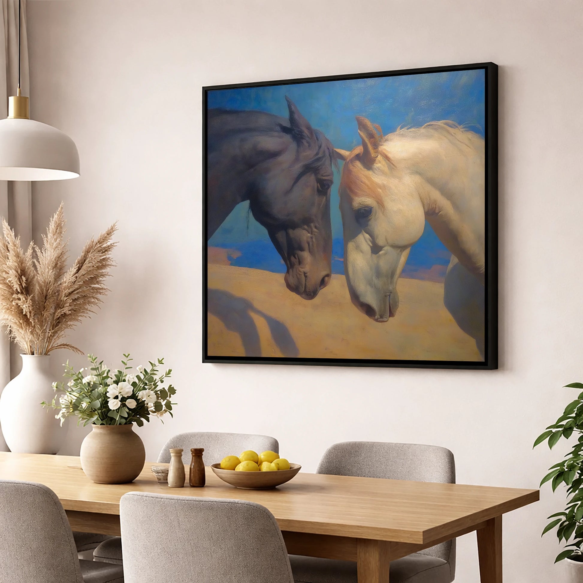 Kindred Spirits horse portrait wall art displayed in a dining room