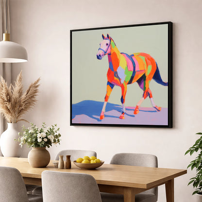Vibrant Strides racing horse wall art displayed in a dining room