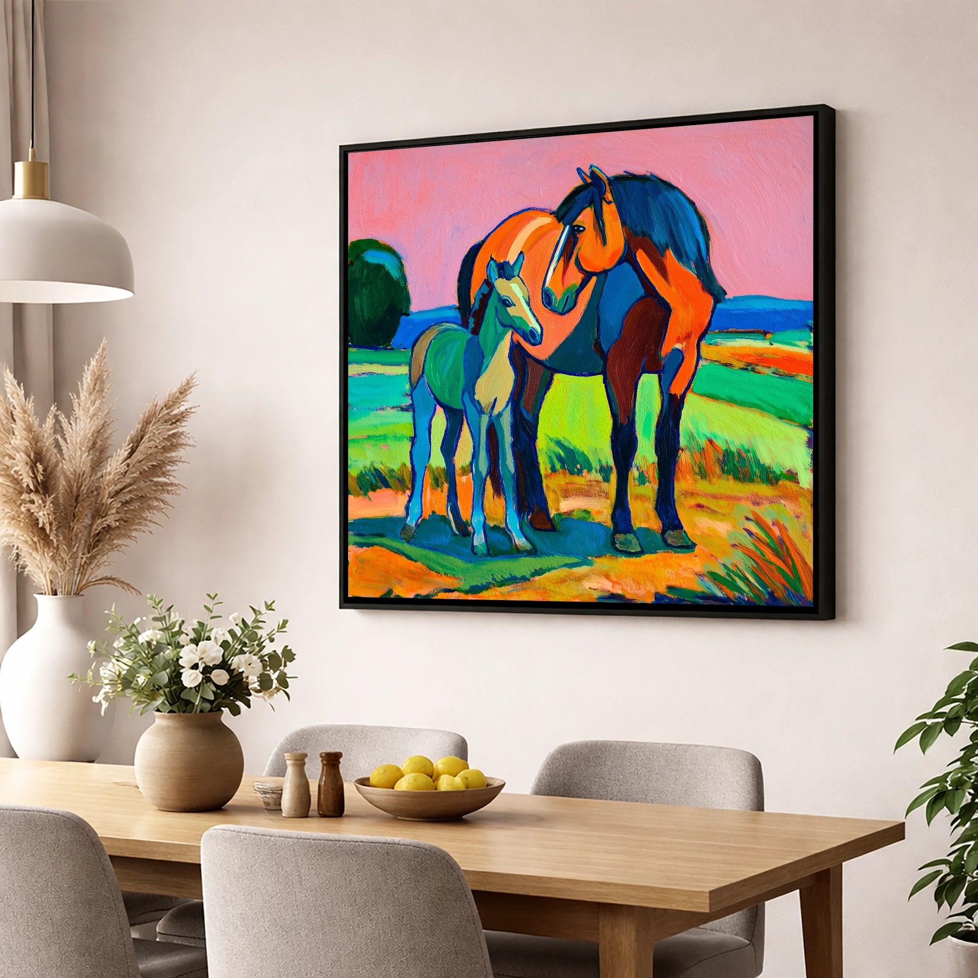 Vivid Bonds mare & foal wall art displayed in a dining room
