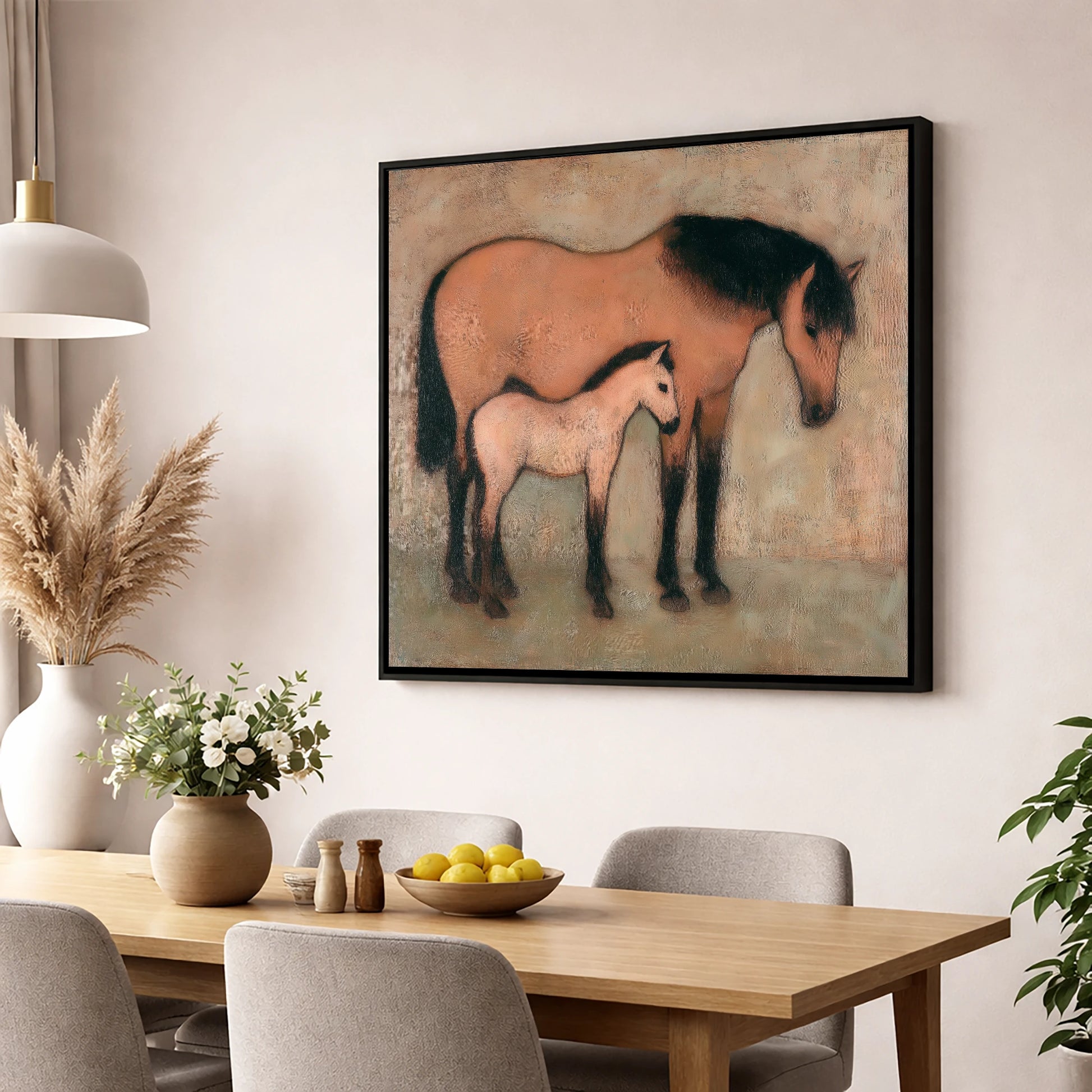 Earthen Bond mare & foal wall art displayed in a dining room