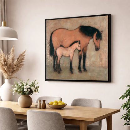 Earthen Bond mare & foal wall art displayed in a dining room